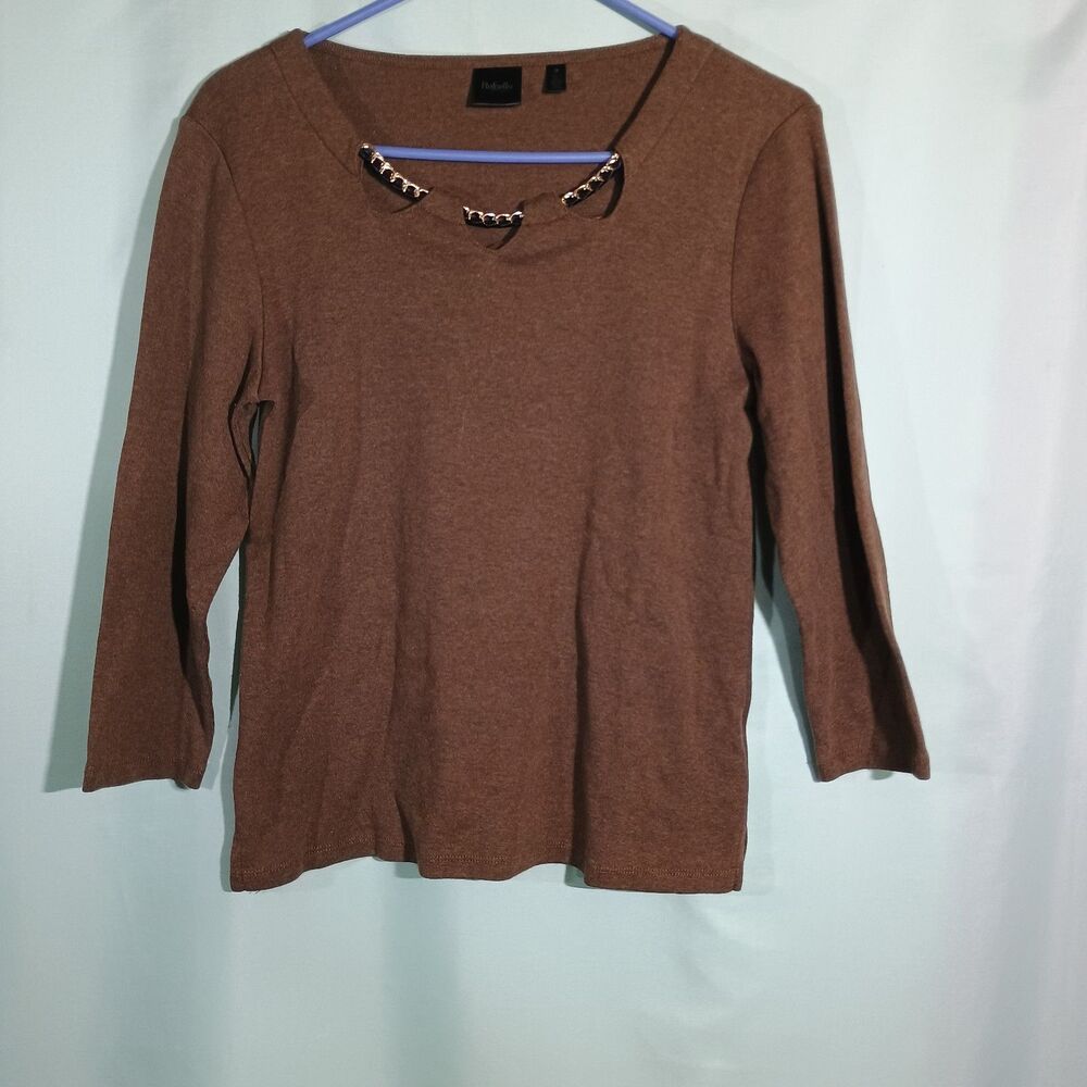 Brown Long Sleeve Top Chain Detail Neckline Casual Stretch Blouse